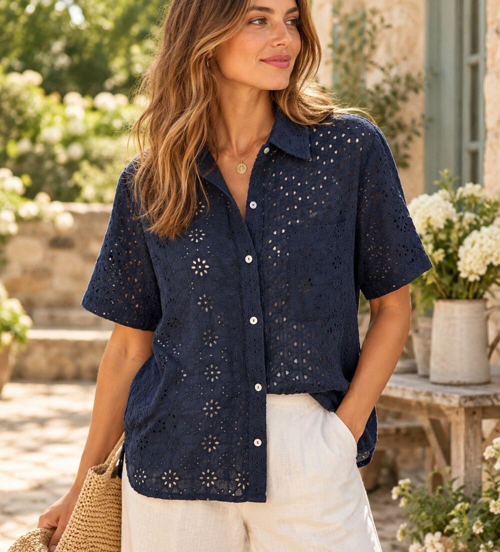 Sundance Eyelet Embroidered Short Sleeve Button Up 100% Cotton Size Large